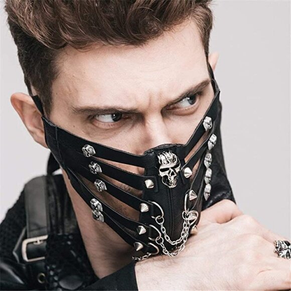 BLACK leather skull chain stud face mask slave bondage BDSM costume cosplay NWT - Picture 2 of 7